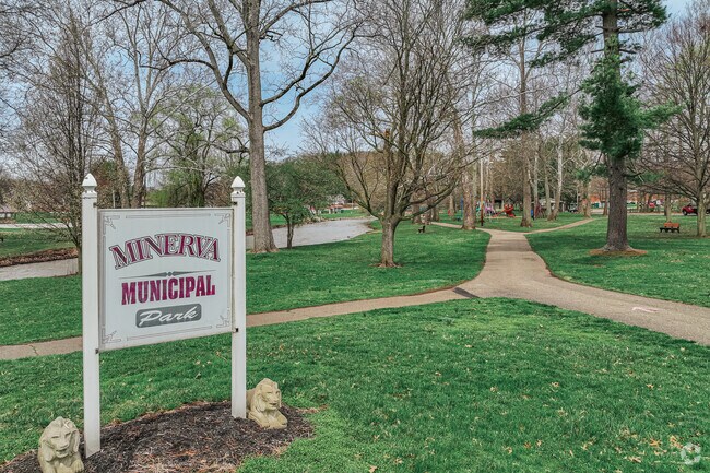 Minerva Municipal Park features a riverwalk, playgrounds, sports fields and a large outdoor pool.