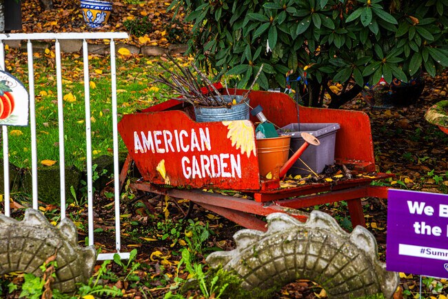 A colorful front yard brightens a Sumner neighborhood street.