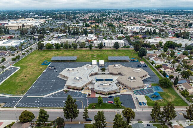 An overview of Mary Bragg Elementary School's campus in Cerritos, California.