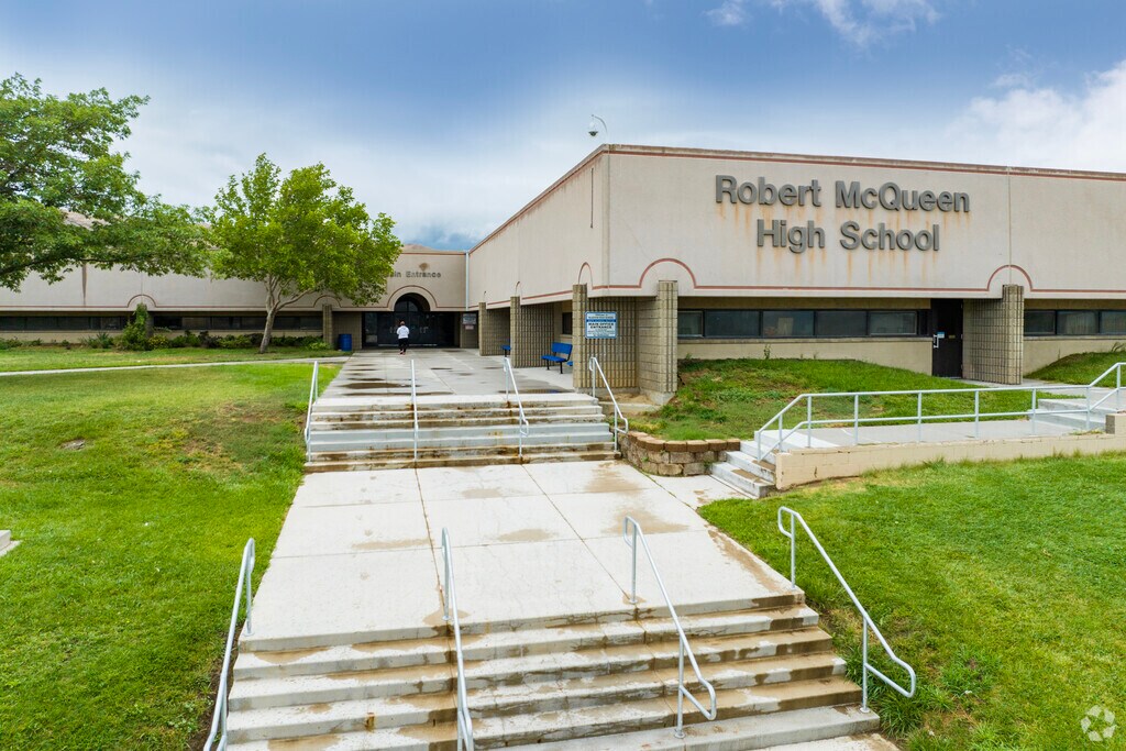 The front entrance to Robert McQueen High School in Reno.