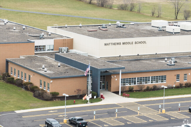The primary entrance to Mathews Middle School welcomes students.