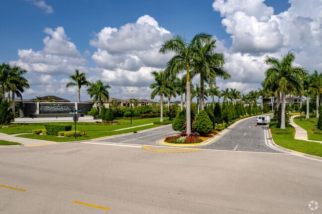 Cascata in Parkland, Florida features towering royal palm trees and lush landscaping.