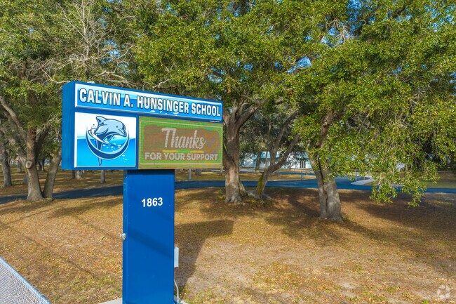 Calvin A. Hunsinger School has a shaded entrance.