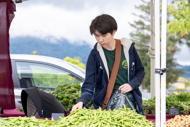 A local picking out some greens at the Princeton Plaza Farmers Market.