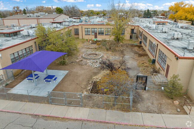 A landscaped courtyard at Garfield Middle School.