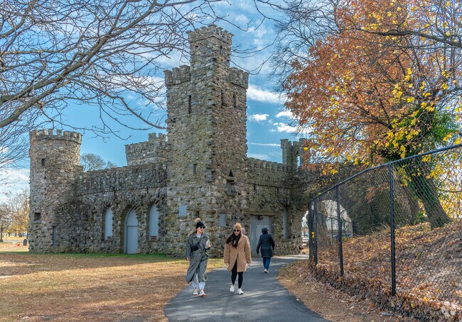 Glen Island Park features castle ruins, walking trails, and a sandy beach in the summer.