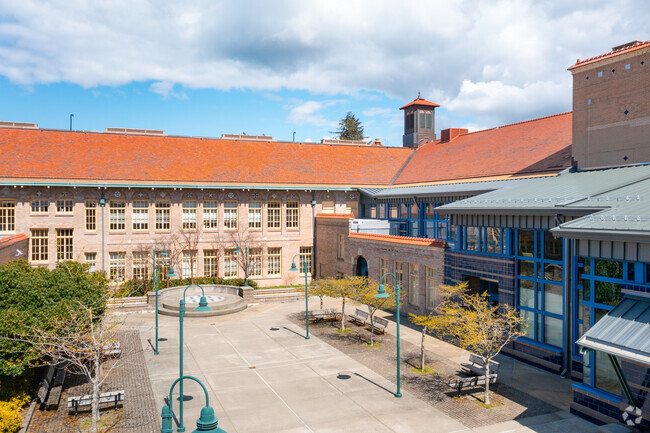 Students can relax in the courtyard during downtime at West Seattle High School.