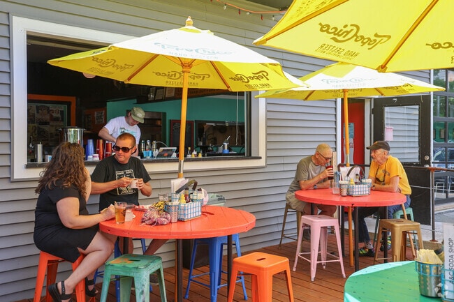 A $ C Soda Shop in Loveitts Field has festive outdoor seating and great food.