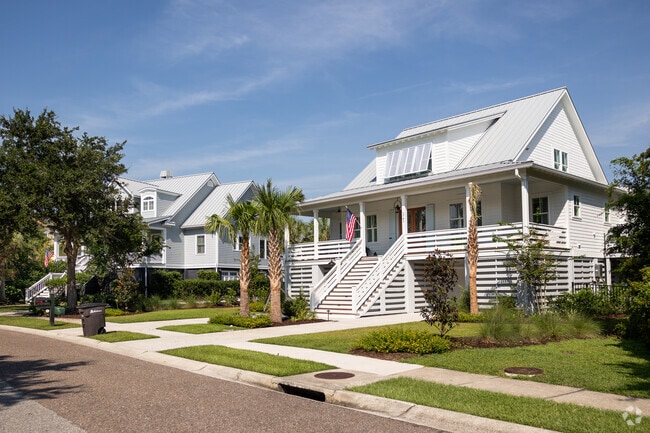 Seaside in Mount Pleasant has elevated coastal-style homes with landscaped yards.