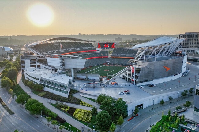 About 7 miles east of Central Delhi, Downtown Cincinnati has professional sports stadiums.