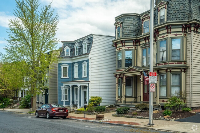 Historic townhomes with ornate details line the streets in Easton.