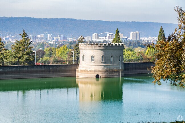 The reservoir at Mount Tabor Park offers stunning views of Downtown Portland.