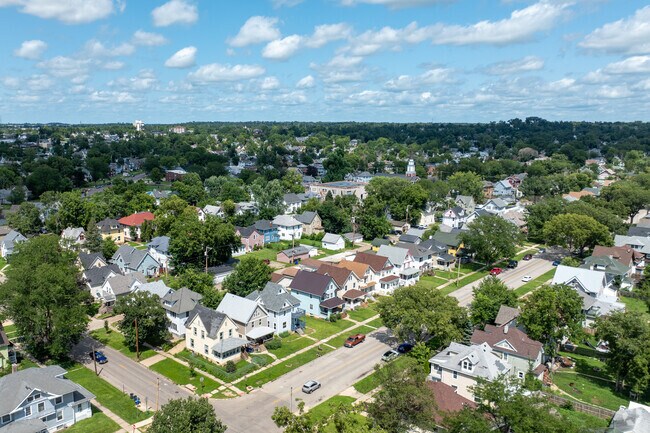 Bird’s-eye view of a vibrant Mound View neighborhood, showcasing the charm from above.