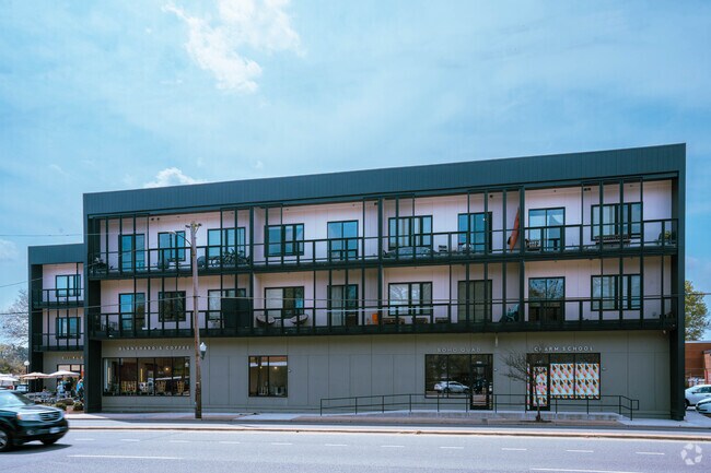 Blanchard's Coffee is in a modern mixed-use building.