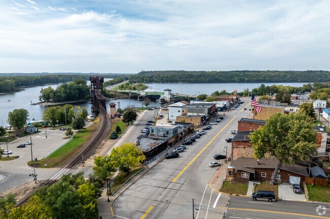 Downtown Prescott sits along the Mississippi River and connects to Minnesota via the Point Douglas Bascule Bridge.
