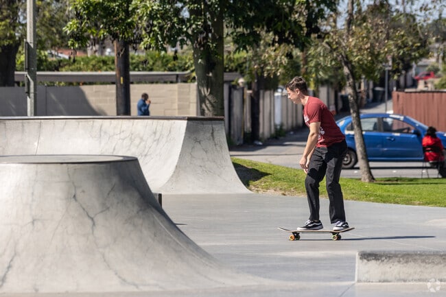 Anaheim's Ponderosa Skatepark has lots of challenging slopes banks and slides for skaters.