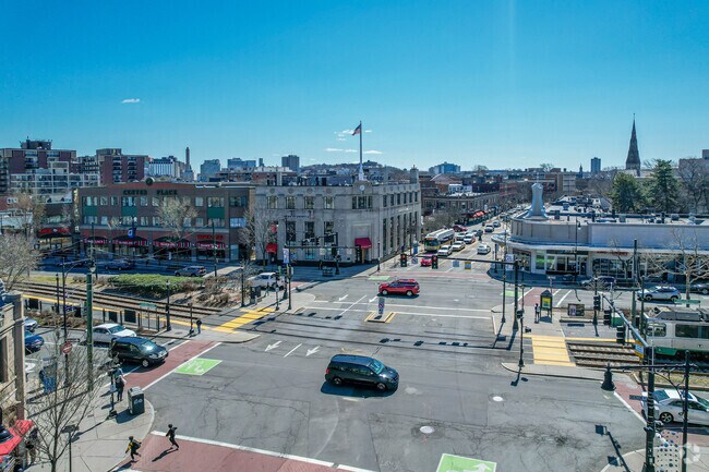 Overview of Green Line train station in Coolidge Corner.