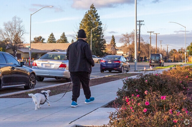 Take the dog for a quiet walk on the sidewalks of Highway City in Fresno.
