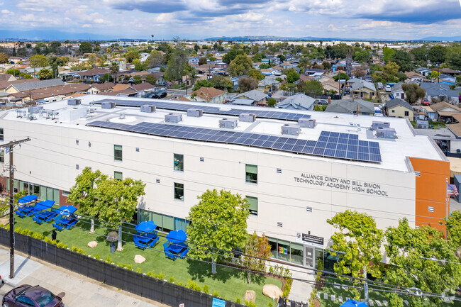 AN aerial view of Alliance Cindy And Bill Simon Technology Academy High in Watts.
