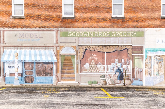 Charleston's downtown area has murals that depict historic storefronts.