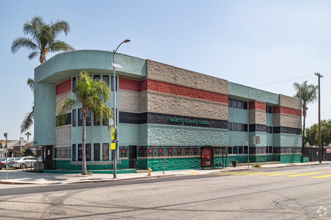 Marcus Garvey Elementary School in Los Angeles, CA has a unique color-striped building.