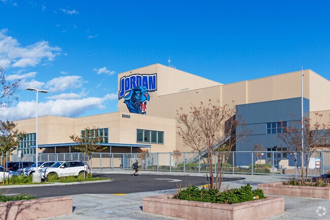 The entry driveway to Jordan High School in Long Beach.