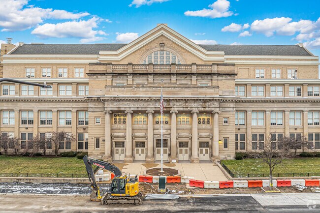 Hyde Park Academy High School serves grades 9-12 near West Woodlawn.