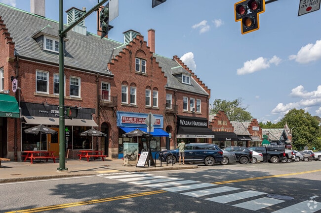 Enjoy the stores and shops with street parking along Beacon Street in Waban.