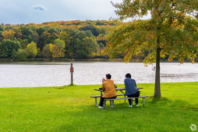 Friends sit and enjoy the view at Moraine State Park near Franklin Township.