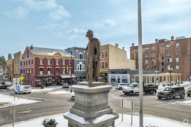 The Monument Square Historic District is Urbana's downtown retail hub at the intersection of Main, Miami, and Scioto streets.
