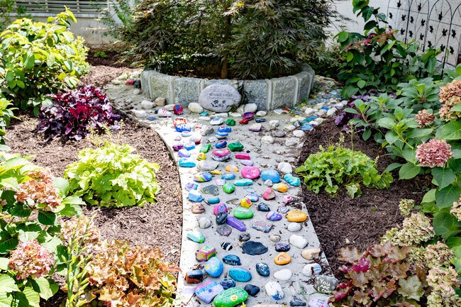 There is a colorful rock garden at PS 4 in Staten Island.
