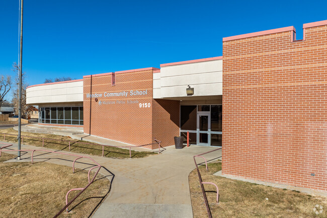 The front entry at Meadow Community school in Thornton, Colorado.