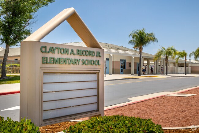 Palm Trees Line the Entrance to Clayton A. Record, Jr., Elementary School in San Jacinto.