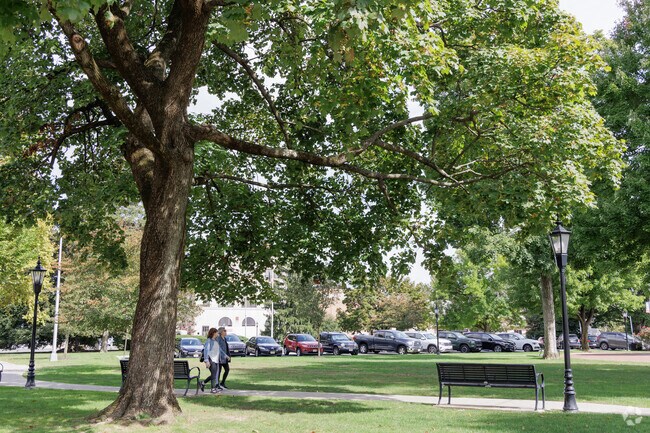 Veterans Memorial Park anchors downtown Westwood with open green space.