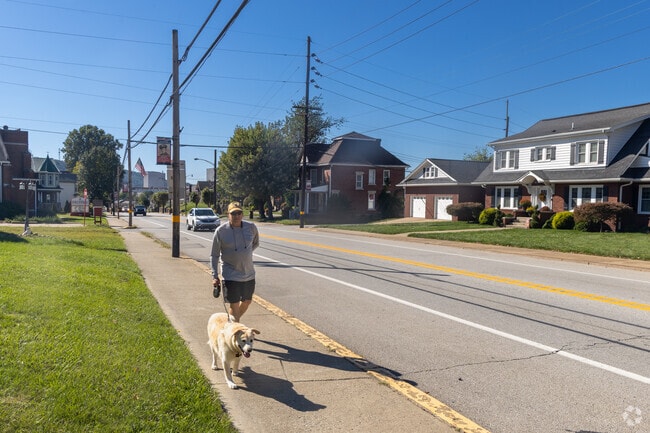 A resident walks a dog through a quiet neighborhood in Follansbee.