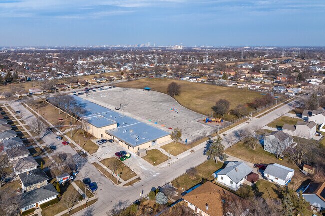 Whitman School with downtown Milwaukee in the distance.