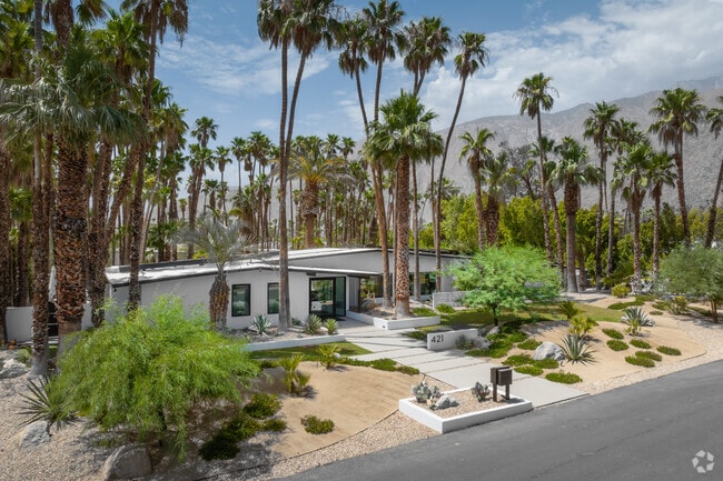 Modern home sits on a lot with many palm trees in Chino Canyon.