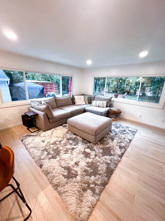 Panoramic view of back yard through brand new triple pane windows