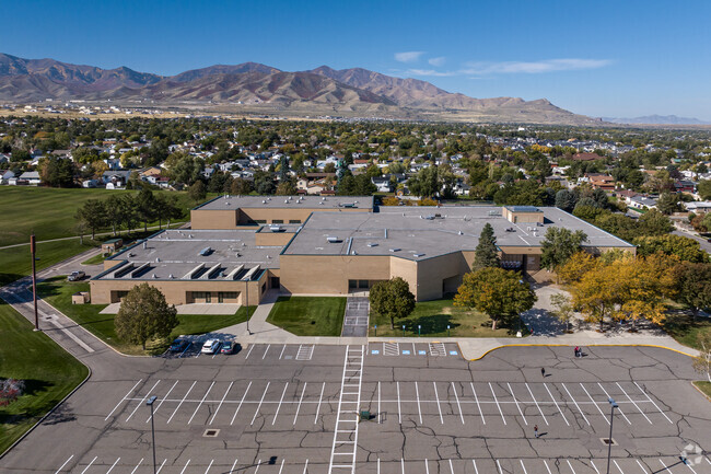 An aerial view of Hunter Junior High’s neutral tone blends in with the mountains