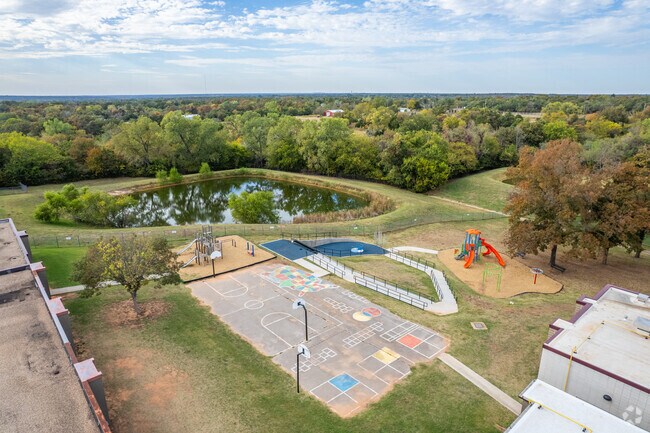 An aerial view of the outdoor recreation area at Lakeview Elementary School in Norman.