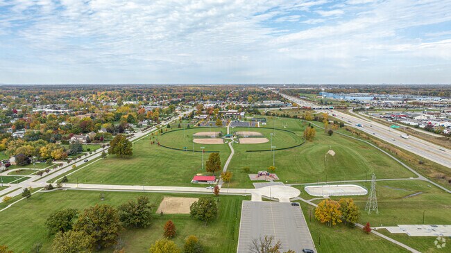 Civic Center Park in Woodhaven features a circle of four baseball diamonds.