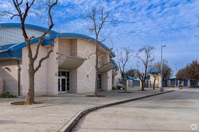 A large gymnasium highlights the entrance to Wilson Middle School in Exeter.