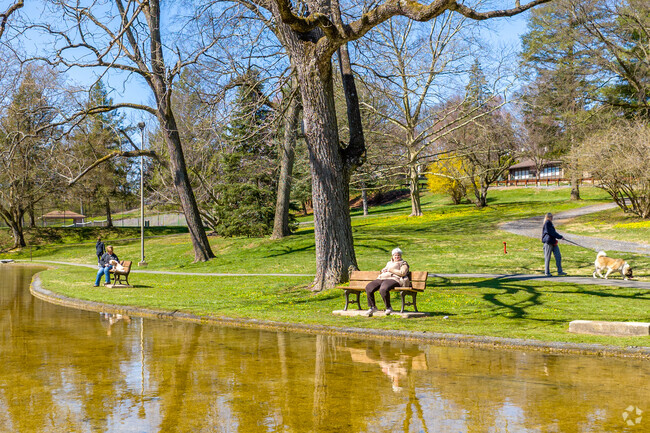 Stop along the Wyomissing Park walking trails to take a break on lakeside benches.