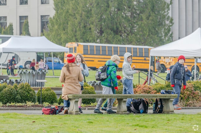 Field trip day for Kids outside the Washington State Capitol building in Olympia Washington.