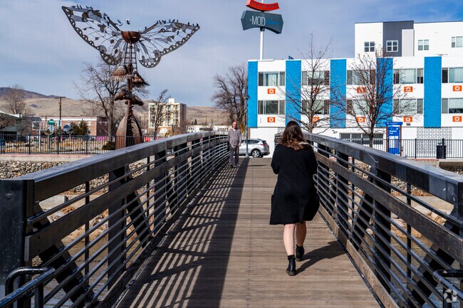 The Riverwalk has a series of bridges and are accented by local art.