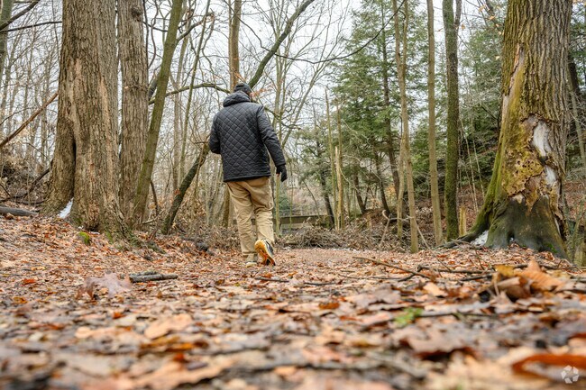 A hiker walks towards the rock formations at Fitzgerald Park in Grand Ledge.