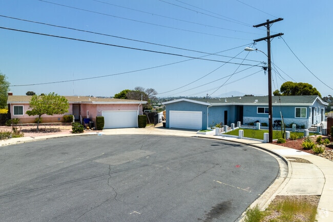 Single story homes with pastel colors mirror each other in a cul-de-sac in Ridgeview-Webster.