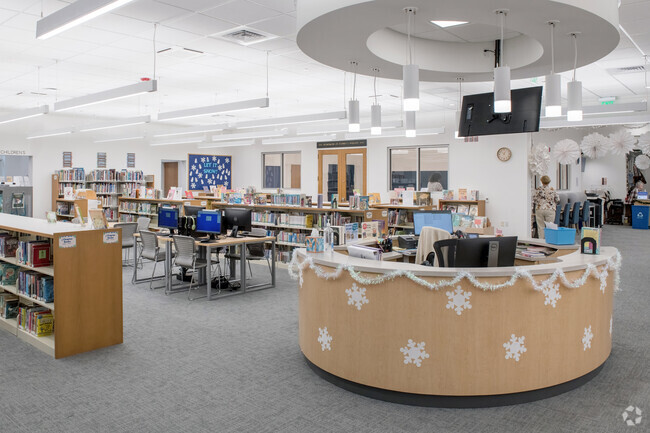 The newly renovated library is a centerpiece of Jamestown life and near West Reach Estates.