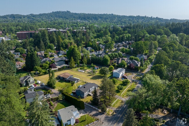 Homes along the northern edge of Lake Forest share space with a number of office parks along Kruse Way.