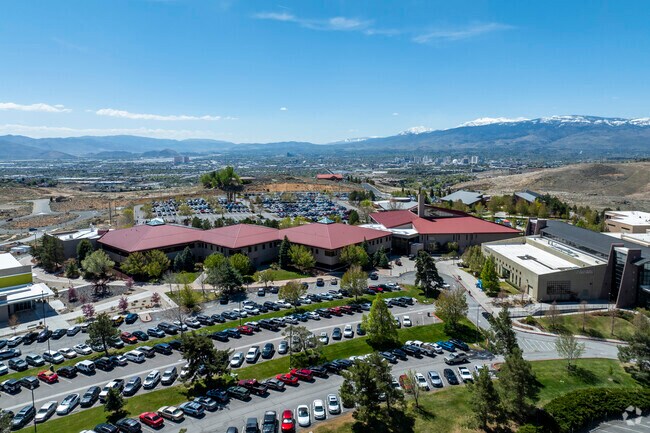 An aerial view of TMCC High School facing South towards Downtown Reno.